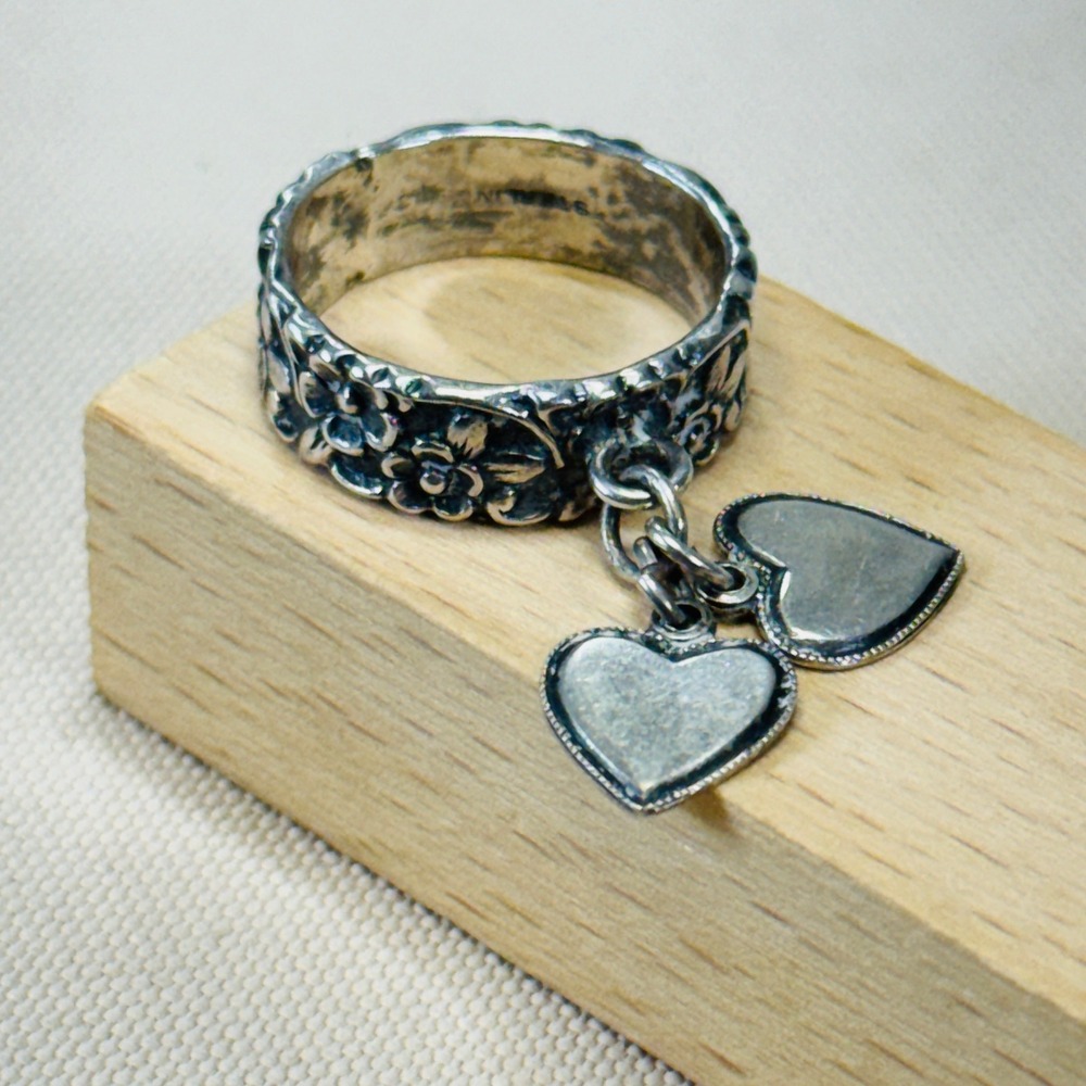 Vintage Forget Me Not Two Heart Charm Sterling Silver Eternity Ring Size 5.5 4g